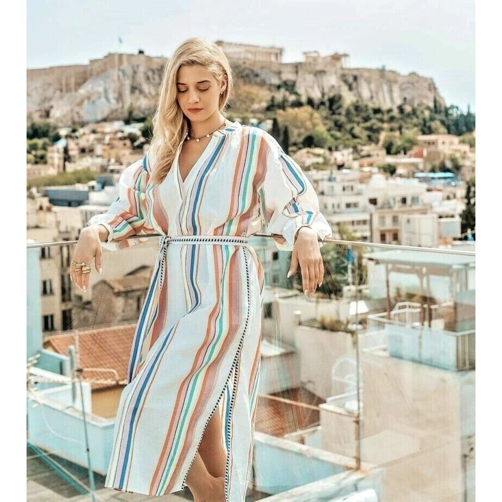 H&M X Lemlem Multi Color Stripes Kaftan Cover Up Belted Midi Dress Size Small